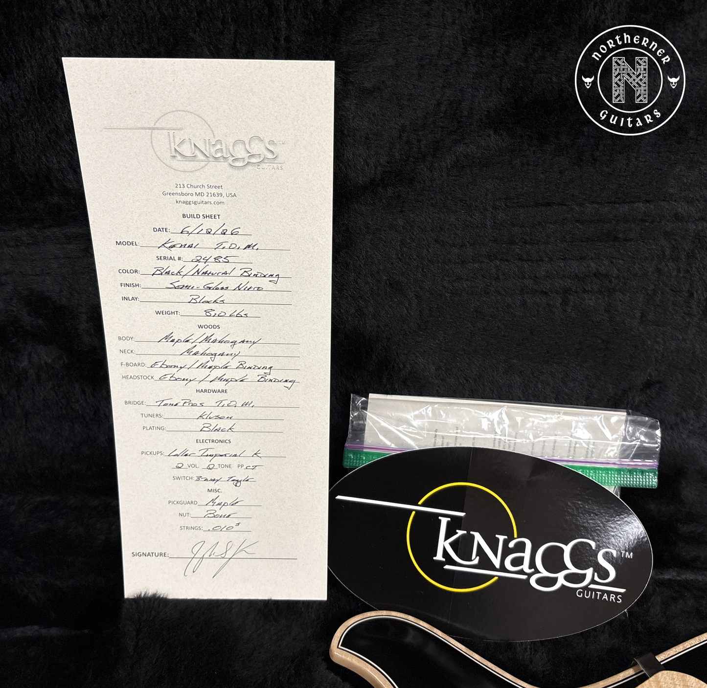 NEW Knaggs Kenai Black w/ Natural Flame Maple Binding & Pickguard
