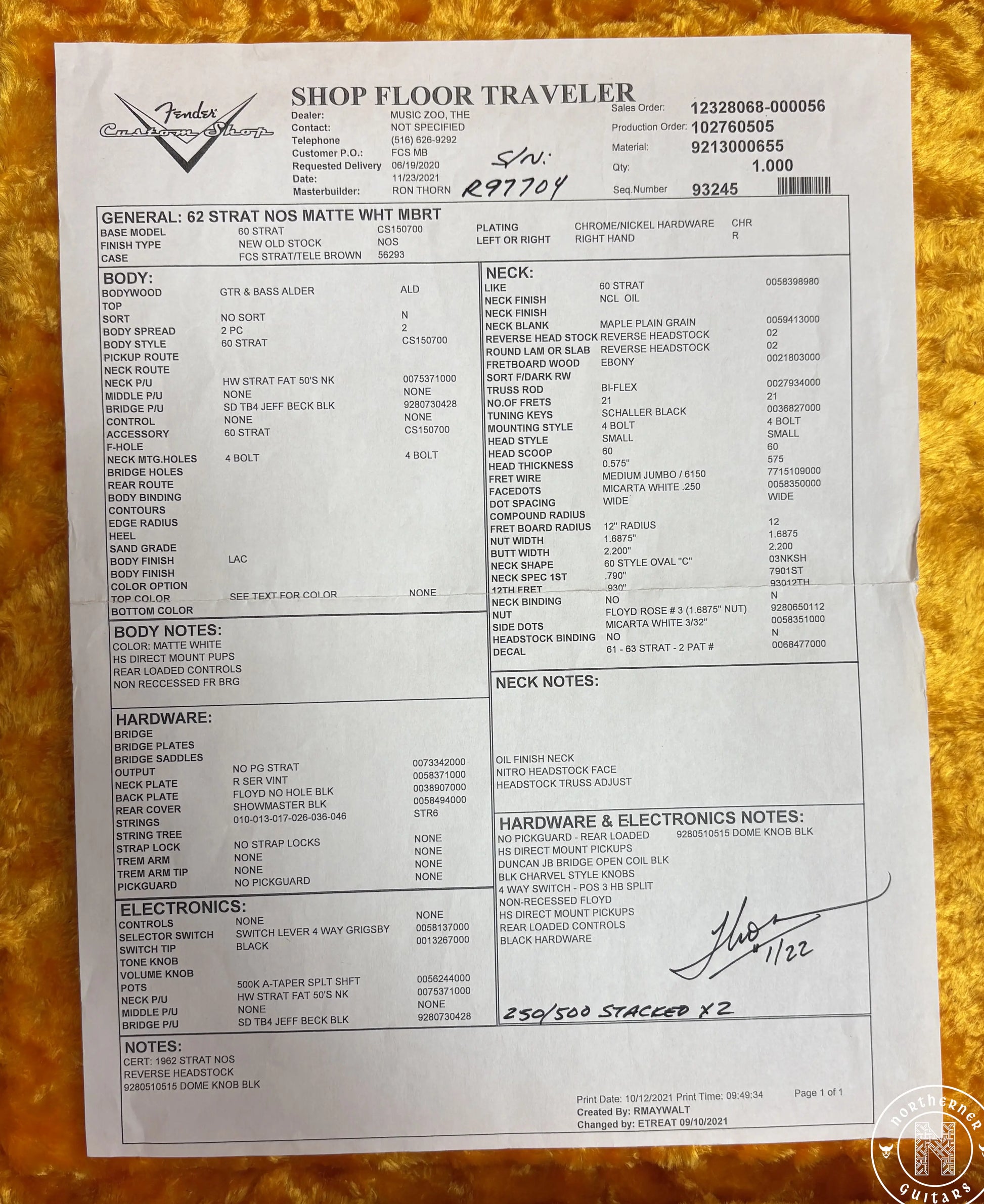 USED Fender Custom Shop Ron Thorn Masterbuilt '62 Stratocaster 2022 Matte White - Northerner Guitars